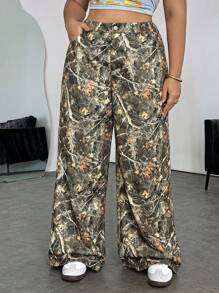 SHEIN EZwear Plus Size Women's Branch Print Pocket Loose Casual Pants Summer,Vacation Woman,Easter,Spring,Western,Office For Women,Rave,Baby Shower,Cottagecore,Country Women,Old Money Style Women,Going Out,Festival,Rodeo,Airport For Women,Kpop,Tropical Vacation Woman,Nashville,European Summer,Concert,Cowgirl,Graduation Gyaru,Hippie,Grunge,Flowy Pants Baggy Jeans Baggy Pants
