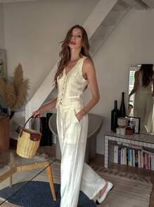 Chiquease Women's Elegant Single-Breasted Vest & Pants Suit Set - Apricot - View 5