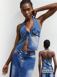 Maija Tops de mujer de tela vaquera con cuello halter para primavera y verano - Azul lavado medio - Ver 1