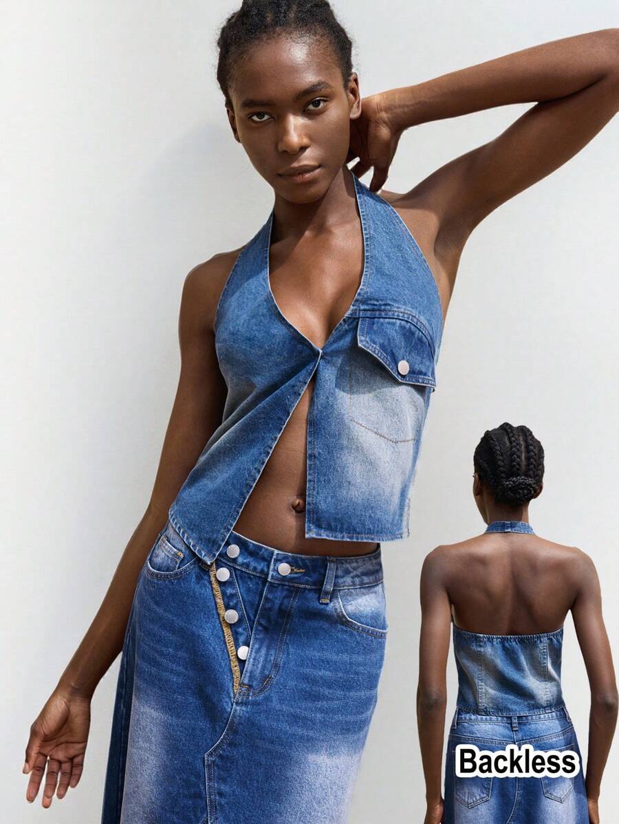Maija Tops de mujer de tela vaquera con cuello halter para primavera y verano - Azul lavado medio - Ver 1