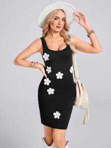 SHEIN LUNE Square Neck Sleeveless Color Block 3D Floral Waist Fitted Mini Dress, Casual Vacation Elegant Outdoor Suitable For Women