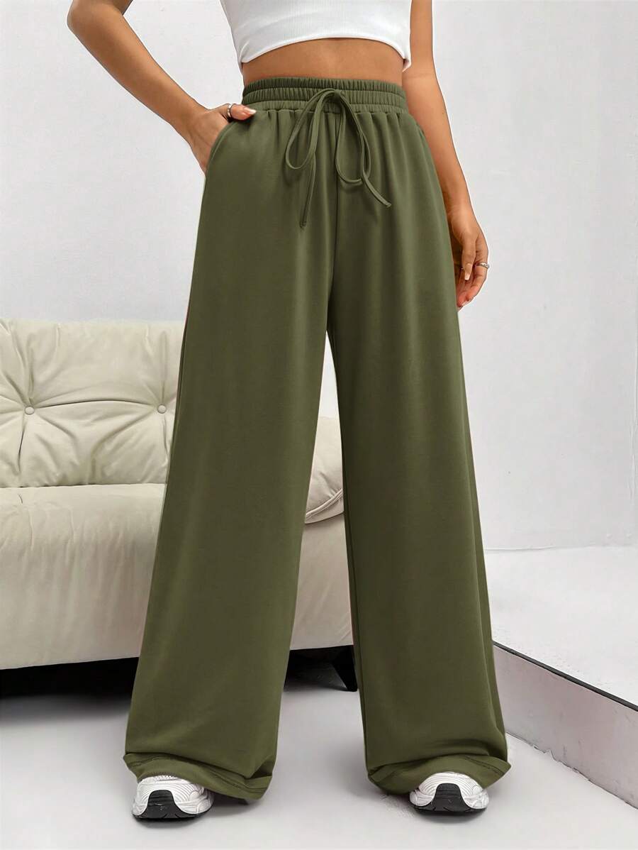 SHEIN EZwear Women Solid Color Waist Tie Pocket Loose Casual Sweatpants
