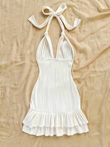 Soleia Vestido mini ajustado de punto texturizado con escote en V, cintura anudada, volantes en el bajo, apropiado para vacaciones, fiesta, citas, tarde de té, playa, verano
