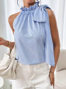 SHEIN Clasi Women Striped Ruffle Collar Bowknot Sleeveless Blouse, Spring & Summer - Blue - View 6