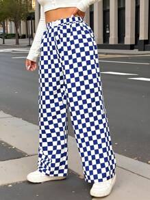 SHEIN EZwear 蓝白格子休闲宽松阔腿裤，大码 - 藍白色 - 查看 3