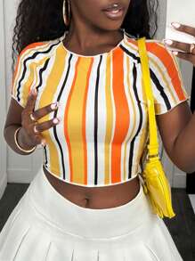 BamGleam BamGlam Fashionable Multi-Color Stripe Print Round Neck Short Sleeve T-Shirt For Women