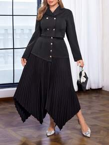 SHEIN Unity Double-Breasted Blazer & Asymmetrical Hem Midi Skirt Suit Set, Plus Size - Black - View 3
