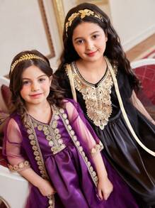 SHEIN Set de 2 piezas con vestido de niña preadolescente bordado con lentejuelas y chaqueta con superposición de malla - Negro - Ver 7