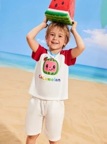 CoComelon X SHEIN Áo thun tay ngắn cổ tròn in họa tiết dưa hấu dễ thương cho bé trai mùa hè màu sắc hoạt hình tương phản - trắng - Xem 3