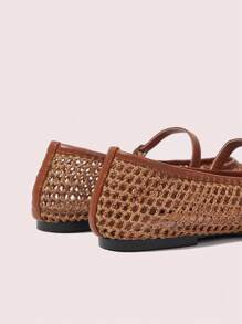 CUCCOO DOLLMOD Women's Flat Round Toe Woven Material Mary Jane Shoes, Simple Elegant Fashion For Vacation - Brown - View 8