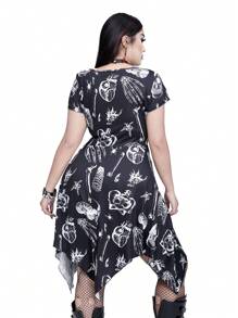 Whyspr Casual Punk Plus Size Summer Asymmetrical Hem Velvet Dress With Dark Print - Black - View 3