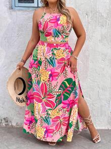 SHEIN VCAY 大码热带印花露背吊带上衣和高开叉裙 2 件套，休闲度假装