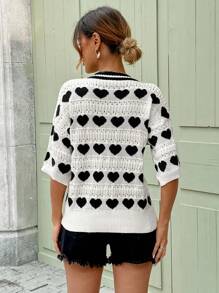 SHEIN LUNE Women's Casual V-Neck Heart Knit Sweater Top - Black and White - View 6