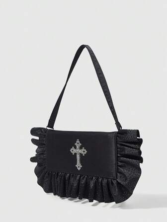 Goth Bolso de hombro negro estilo gótico para mujer con adorno de strass cruzado y volantes