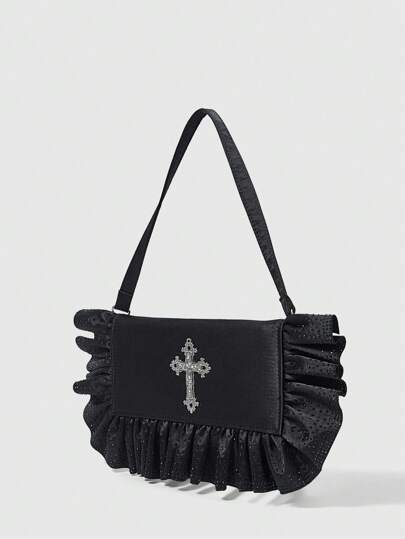 Goth Gothic Style Crossed Rhinestone Decor Ruffled Trim Black Shoulder Bag For Women, Halloween