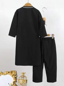 Young Boy Chinese Collar Long Sleeve Robe With Matching Casual Long Pants, Skin-Friendly Soft Fabric, Minimalist Print, Fashionable, Suitable For Spring, Summer, Autumn,Holiday,Summer,Travel