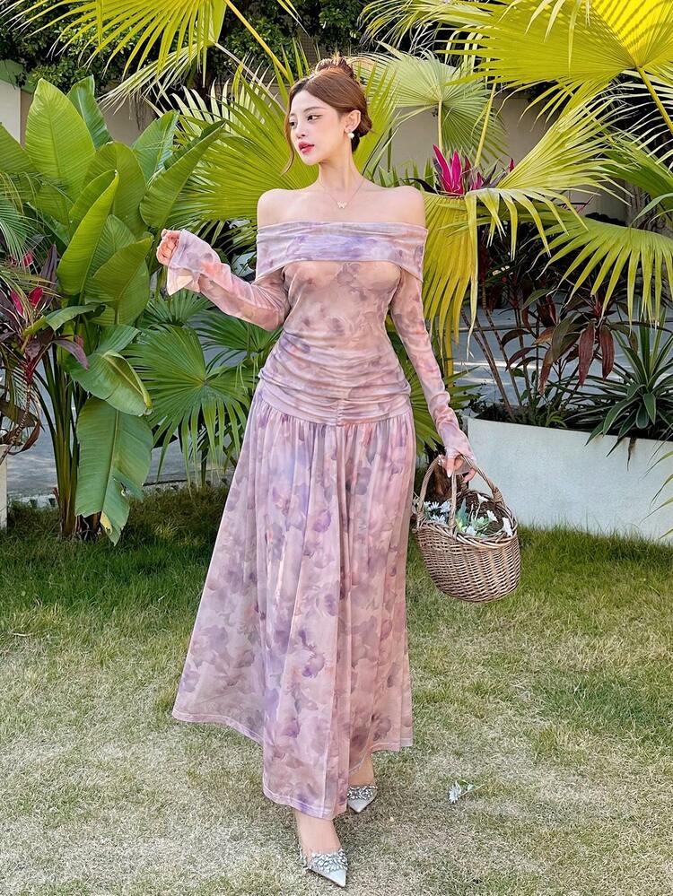 Conjunto de 2 piezas de blusa de manga larga con hombros descubiertos y estampado floral, y falda midi para mujer, ropa de mujer para otoño