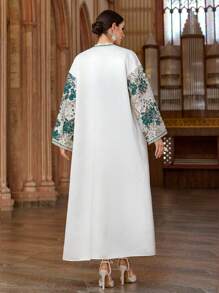 Al Najma Women's Elegant Banquet Green Jacquard Patchwork Sleeves,Gold Webbing Arabesque Coat,White Modest Robe Abaya For Spring,Valentine's Day - White - View 4