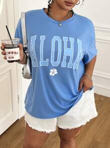 SHEIN EZwear Plus Size Summer Blue Letter Print Casual Vacation Loose T-Shirt