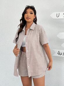 SHEIN EZwear 2pcs Woven Khaki & White Striped Women's Casual Shirt And Shorts Set