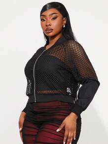 SHEIN SXY Plus Size Solid Color Zip-Up Sheer Casual Long Sleeve Jacket - Black - View 1