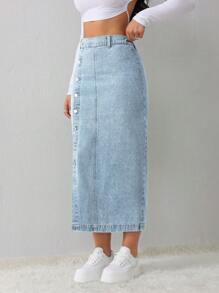 SHEIN Tall 女士牛仔半身裙休闲宽松侧开叉蓝色中裙高腰女裙浅蓝色短裙蓝色裙子冬季女装 - 淺色水洗藍 - 查看 5