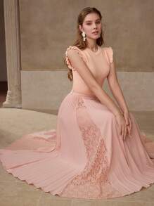 MOTF PREMIUM CONTRAST LACE PLEATED SKIRT - Pink - View 6