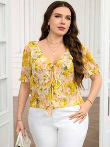 SHEIN Clasi Áo cánh buộc phía trước họa tiết hoa màu vàng lãng mạn thanh lịch cỡ lớn cho nữ, trang phục đi nghỉ cho nữ, trang phục mùa hè cho nữ, trang phục công sở thường ngày cho nữ, áo đi chơi cho nữ, trang phục công sở cho nữ, trang phục mùa xuân cho nữ, lễ hội, tiền cũ, áo màu vàng, áo bèo nhún, áo ngắn tay cho nữ, trang phục thanh lịch sang trọng cho nữ, trang phục kín đáo cho nữ, áo thường ngày cho nữ, kỳ nghỉ xuân, áo cánh ngày lễ thánh Patrick - Màu vàng - Xem 6