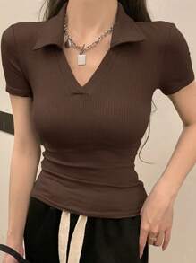 DAZY 女式休闲纯色修身 Polo 领短袖 T 恤夏季