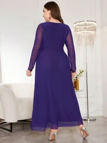 Modelyn 女士荷叶边高领长袖修身优雅派对连衣裙，柔软舒适网眼缎带加大码