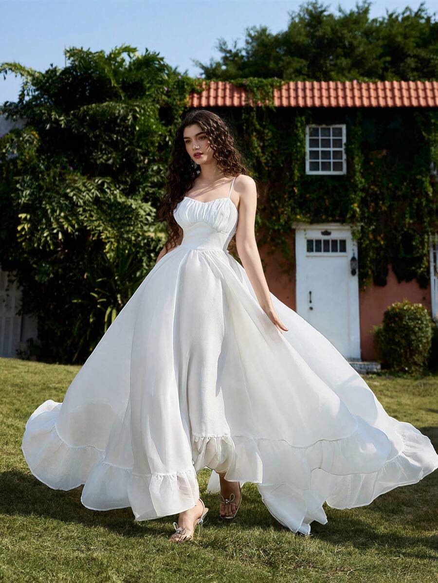 SHEIN MOD Bianco,Estivo,Elegante,Abito da donna per invitata a matrimonio,Abito corto davanti e lungo dietro con lunghezza regolabile,Outfit da vacanza e spiaggia,Abito per Mardi Gras e laurea