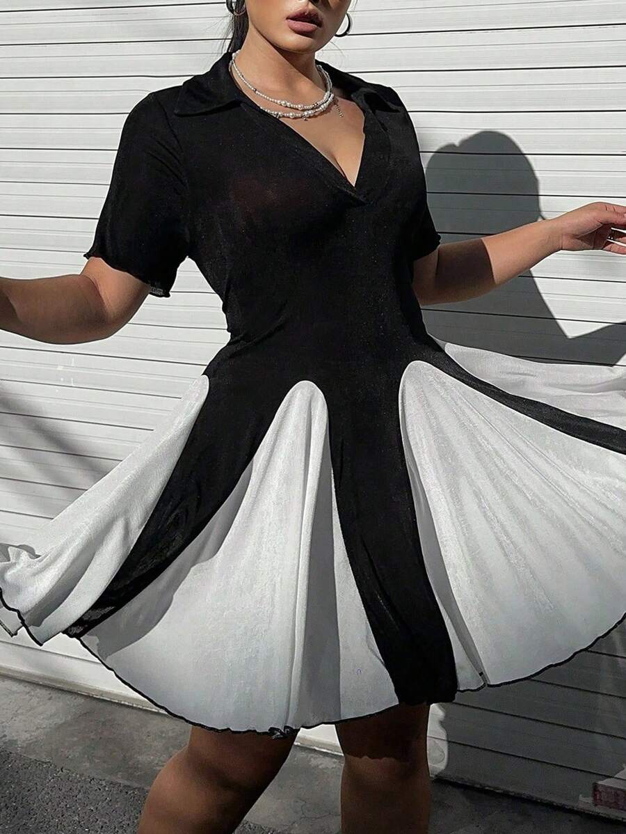 Flirla Plus Size A-Line Color Block Casual Shift Dress For Summer - Black - View 1