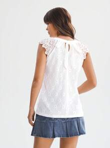 SHEIN LUNE Summer Lace Splice Back Knot Casual Shirt - White - View 5