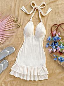 Soleia Vestido mini ajustado de punto texturizado con escote en V, cintura anudada, volantes en el bajo, apropiado para vacaciones, fiesta, citas, tarde de té, playa, verano
