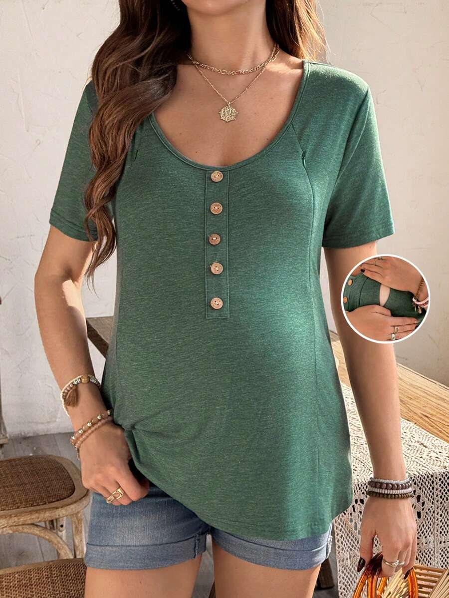 SHEIN Áo thun bà bầu tay ngắn màu trơn thiết kế nút cho con bú - màu xanh lá - Xem 1