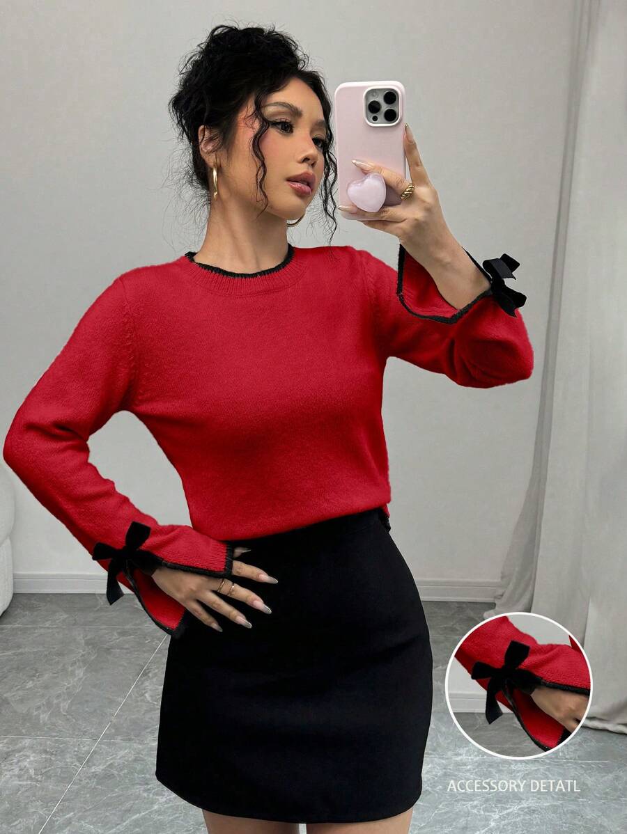 Chiquease 2024 秋冬新款时尚别致设计开袖 3D 蝴蝶结撞色边针织毛衣针织套头衫秋季