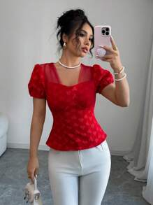 Elenzga Slim-Fit Women's Short Sleeve Bohemian Heart Pattern Mesh Shirt, Suitable For Spring/Summer Vacation - Red - View 3