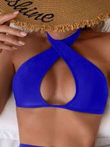 SHEIN Swim Women's Cutout Fashionable Sapphire Blue Crisscross Halter Sexy Bikini Top, For Summer Beach Vacation