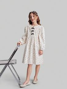 Ontre Tween Girls Cute Polka Dot Small V-Neck Bow Decor 3/4 Batwing Sleeve Loose Ruched Hem Casual Dress, Suitable For Vacation, Home, School, Fashion & Versatile