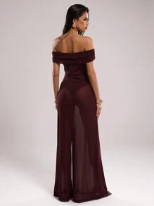 SHEIN BAE Vestido largo de gasa con hombros descubiertos y abertura lateral transparente, para conjunto de verano de playa, vacaciones, vestidos de verano para mujer, ropa de playa, vestidos de playa para mujeres, conjuntos de 2 piezas, ropa occidental para mujer, cubiertas de playa occidentales para trajes de baño, vestidos largos para mujeres