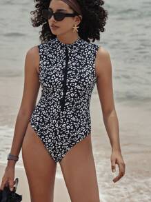 Swim SPRTY Women's Sleeveless Leopard Pattern Vacation Rashguard, For Summer Beach - Black - View 6