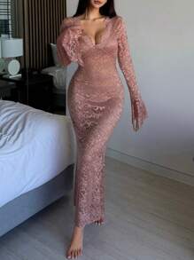 DAZY Lace Sheer Fitted Long Sexy Nightgown - Red - View 5