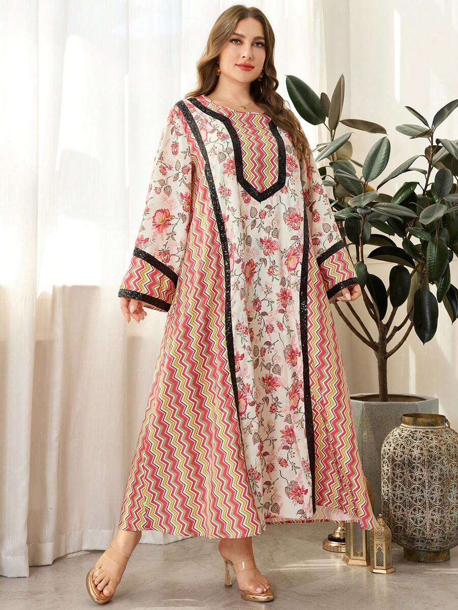 Al Najma Plus Size Long Sleeve Sequins & Printed Arabic Style Dress Fall Cloth For Women - Multicolor - View 1