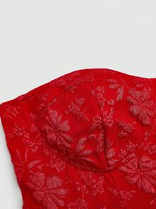 Sweetra Plus Size Women Elegant Floral Jacquard Double Layer Hem Tube Top Mini Dress, Suitable For Holiday,Party, Dance Events Wedding Day Wedding Guest - Red - View 4