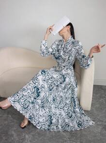 Modelyn Damen Urlaubs-Kleid mit floralem Muster, V-Ausschnitt, Langarm, elegant