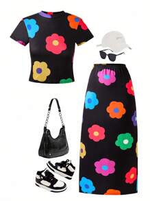 2 件套青少年女孩休闲度假彩色花朵印花圆领短袖短款上衣和修身长款针织裙套装 - 黑色 - 查看 3