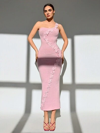 Aloruh Romantic Date Night Pink Tube Floral Embroidery Long Bodycon Sweater Dress For Women Summer Knit Dress