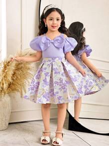 SHEIN 2 Pieces Young Girls Set: Woven Solid Puff Sleeve Top + Woven Jacquard Skirt - Purple - View 4