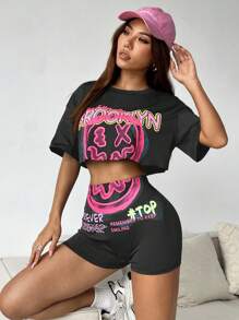 Muchica 2pcs/Set Matching Print Cropped T-Shirt And Leggings Set - Dark Grey - View 5