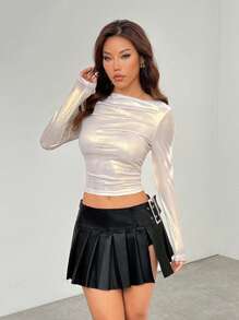 SHEIN PETITE Women's Long Sleeve Metallic Design T-Shirt, Minimalist Fashion For Casual Everyday Wear - White - View 3